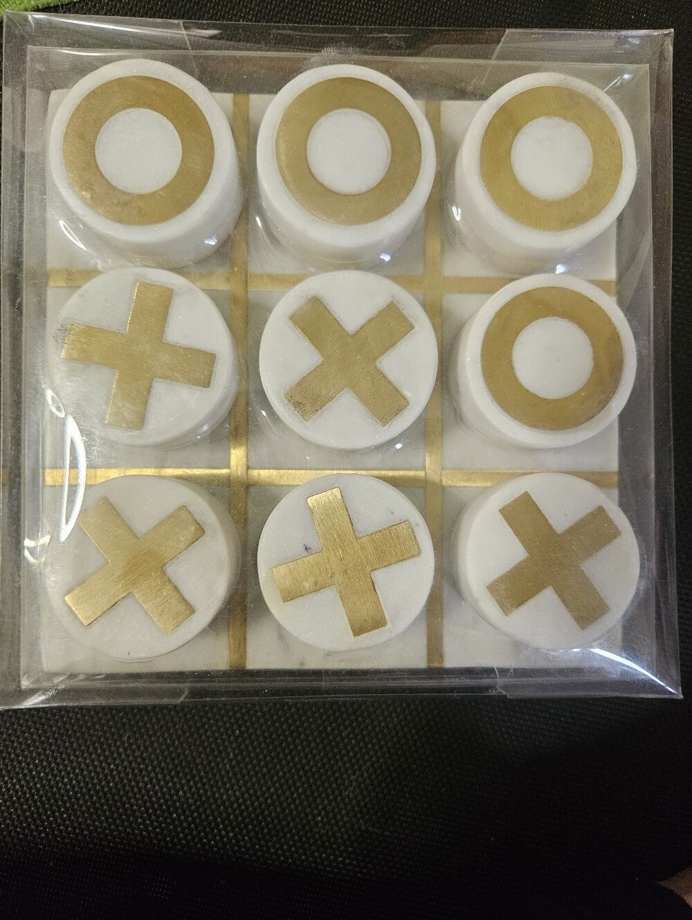 SAGEBROOK MARBLE TIC-TAC-TOE GAME: BRASS INLAY WHITE/GOLD: NEW IN PACKAGE